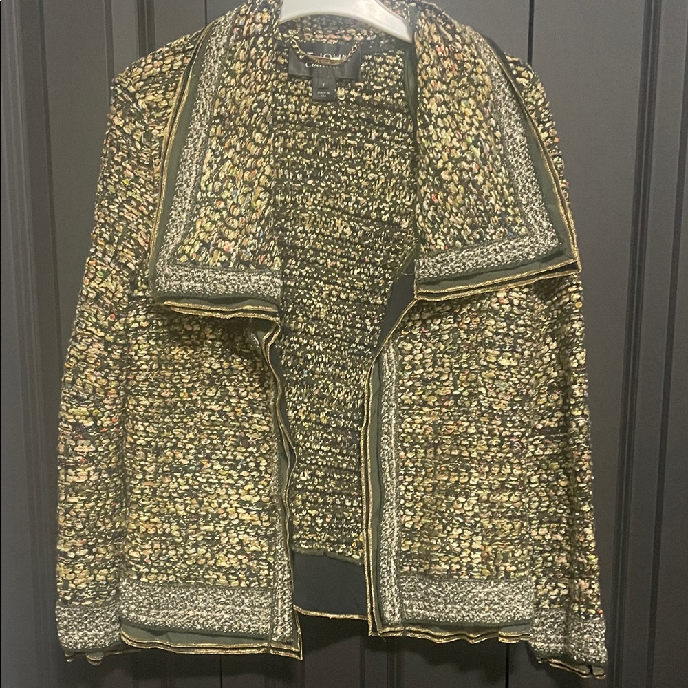 St. John Couture Gold and Black Tweed open front blazer/ Cardigan,shoulder pads.